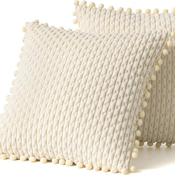 Pompom Cream Stripe Texture Corduroy Farmhouse Cute Luxury Soft Pillow Cover Set - Picture 6 of 7